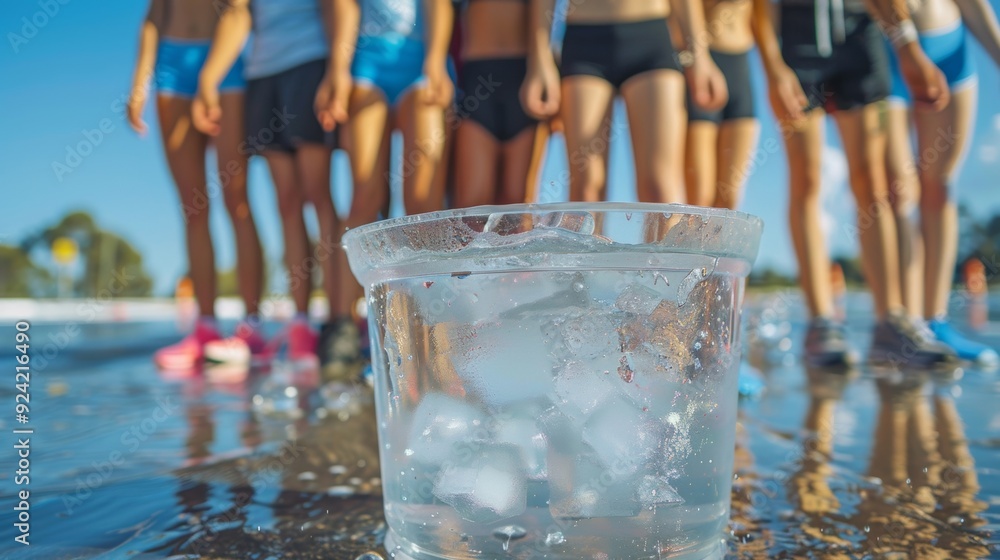 Aufkleber a group of individuals stand in a row in front of a large bucket of ice water each determined to pus