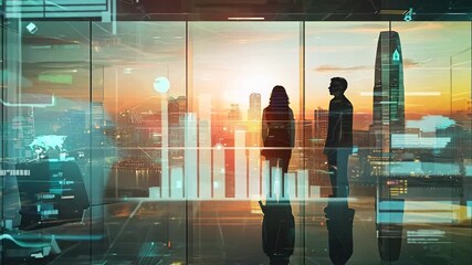 Business Leaders at the Apex: A silhouette of two business professionals stands in a modern office, gazing out at a cityscape with a sunrise backdrop. The digital overlay of charts and data symbolizes - Powered by Adobe