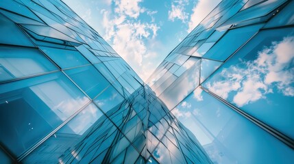 Fototapeta premium A low-angle view of a modern glass building with a blue sky and white clouds reflecting in the windows.