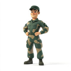 3D cartoon, a male soldier in camouflage uniform profession. on a solid white background