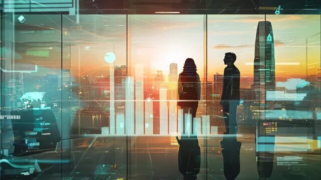 Business Leaders at the Apex: A silhouette of two business professionals stands in a modern office, gazing out at a cityscape with a sunrise backdrop. The digital overlay of charts and data symbolizes