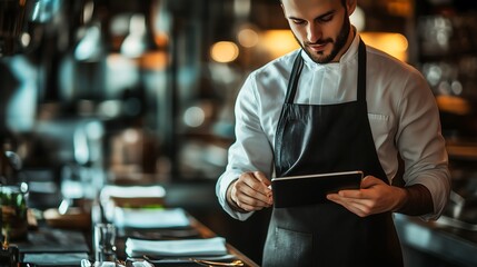 Waiter in a Restaurant Using a Tablet