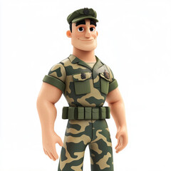 3D cartoon, a male soldier in camouflage uniform profession. on a solid white background