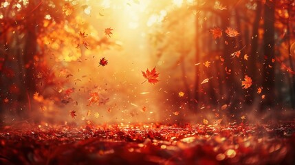 Fototapeta premium Autumn Leaves Falling in a Sunlit Forest