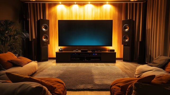 A living room with a large flat screen TV and surround sound speakers