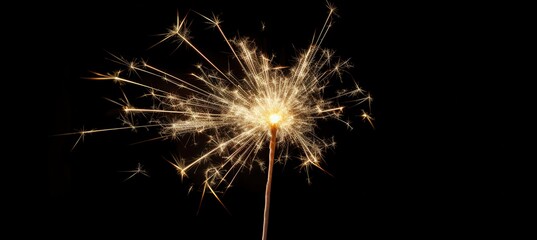 A Single Burning Sparkler with Bright Sparks Against a Black Background