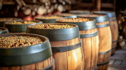 A row of wooden barrels filled with seeds and nuts, AI