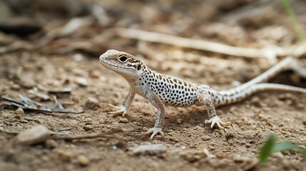 Fototapeta premium A small lizard with white and brown spots is seen on the ground. The lizard is looking to the left with a small portion of its tail visible.