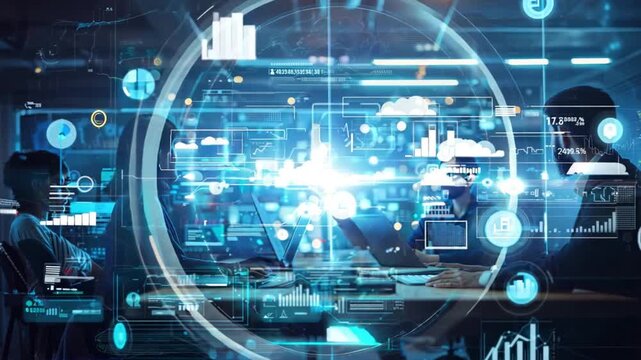 Global Data Network: A team of developers working on a digital network, illuminated by a glowing globe, surrounded by data visualizations and graphs, symbolizing global connectivity and technological  - Powered by Adobe