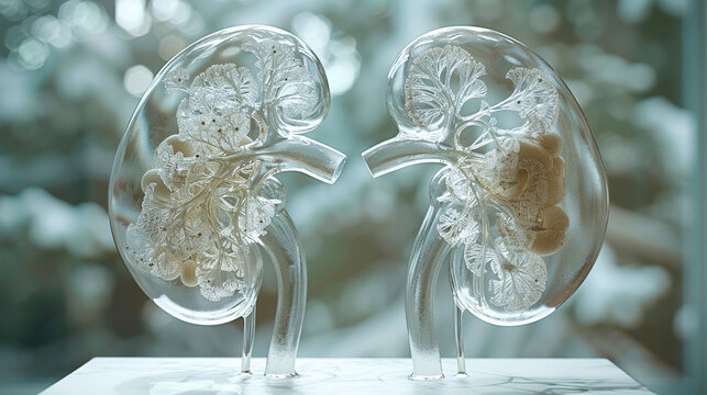 Human's kidney made from transparent glass in laboratory background. For studying science, biology, organ anatomy.