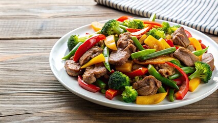 Delicious and colorful meat and vegetable stir-fry on a white plate , food, photography, vibrant, fresh, healthy, cooking