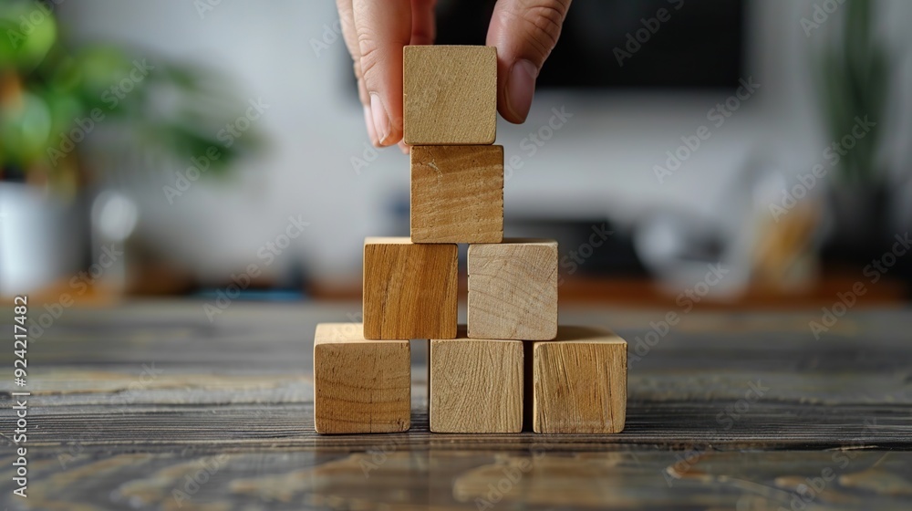 Poster wooden blocks stacked in a pyramid shape on a table