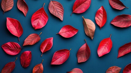 A bunch of red leaves are scattered on a blue background, AI