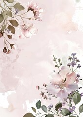 Wedding invitation with a blush pink watercolor background, detailed lilac flowers and subtle greenery, refined spring design
