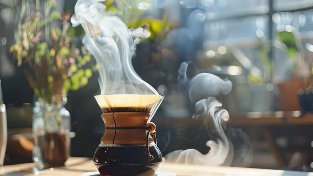 Morning Coffee Ritual: Steaming, aromatic coffee brewing in a traditional pour-over method, bathed in warm sunlight. A peaceful, sensory experience to kickstart the day. 