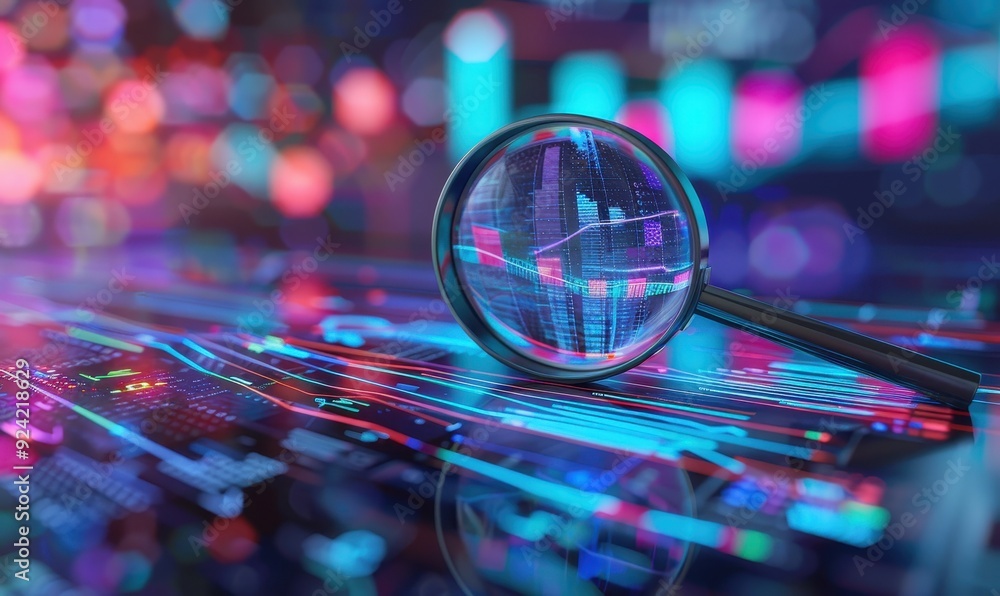 Poster Magnifying Glass Revealing Data and Chart with Neon Lights