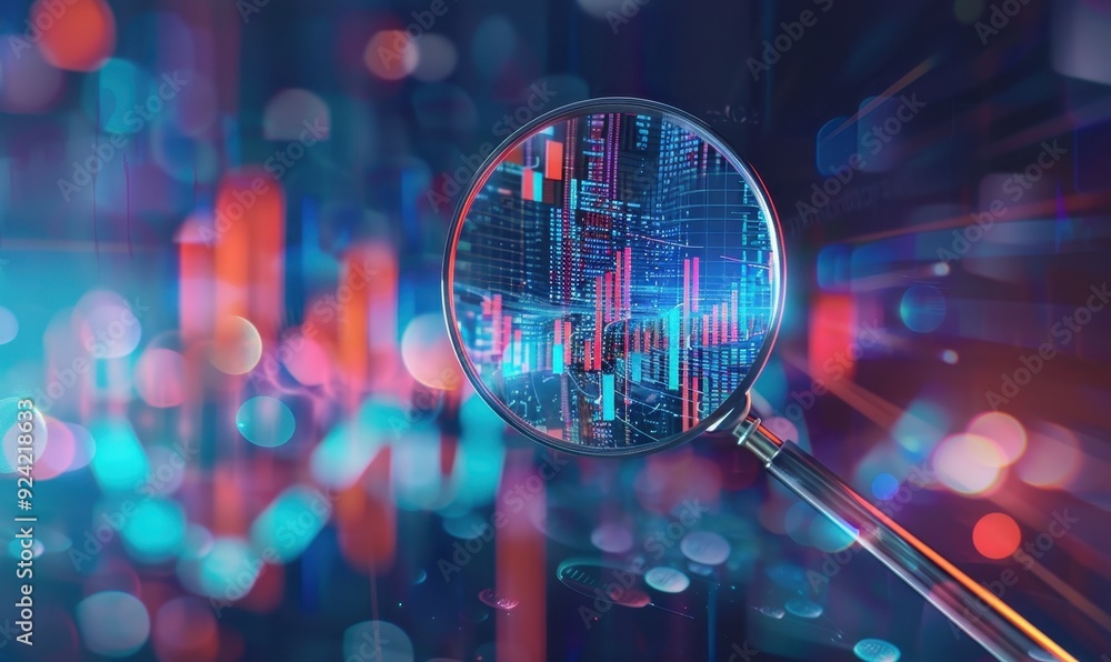 Poster Magnifying Glass Examining Data with Red and Blue Bokeh Background