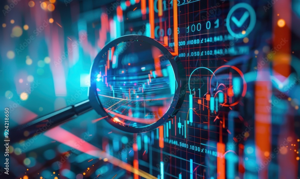 Poster magnifying glass over stock market charts with numbers and a checkmark