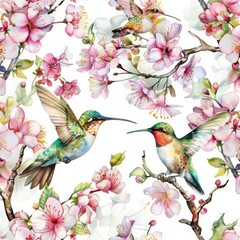 Watercolor hand-painted seamless pattern featuring birds and blooming flowers, vibrant and cheerful spring feel
