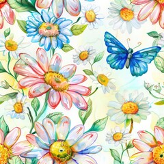 Watercolor hand-painted seamless pattern of blooming apple blossoms, soft pinks and greens, delicate and fresh spring theme