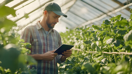 Farmer Using Tablet Technology in a Lush Greenhouse Setting