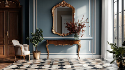 A large wooden table with a mirror and a vase of flowers on it. The room is decorated in a modern style with a blue wall