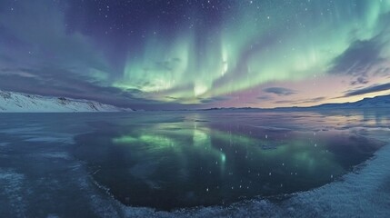 Naklejka premium A stunning display of the northern lights illuminates the night sky over a serene frozen lake. The vibrant greens and purples create a magical atmosphere. Perfect for nature lovers. AI