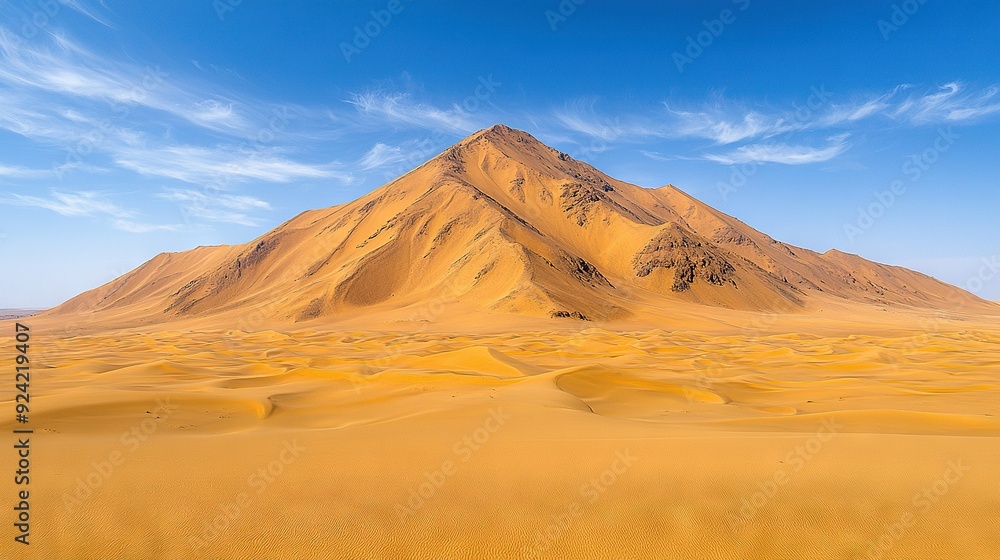 Canvas Prints  A mountain stands tall amidst desert dunes, framed by a blue sky with cloudy wisps