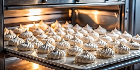 Sweet meringues baking on a tray in the oven in a kitchen , baking tray, sweet, meringues, oven, kitchen, baking