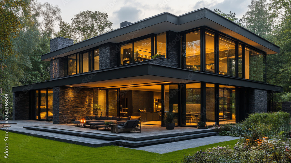 Poster a large house with a pool and a fireplace. the house is surrounded by trees and has a modern design