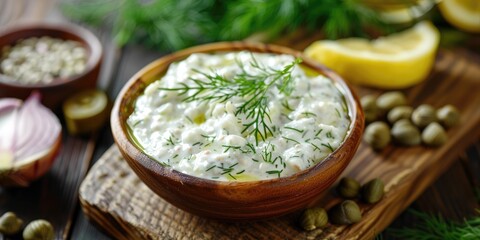 Tartar sauce with dill capers lemon shallot onion Worcester sauce and Dijon Mustard in a bowl on a wooden board