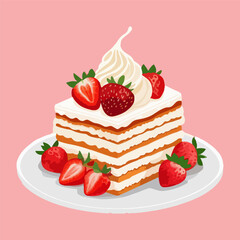 Delicious cake with a cream and strawberry on top. Cute strawberry dessert in flat cartoon isolated on pink background