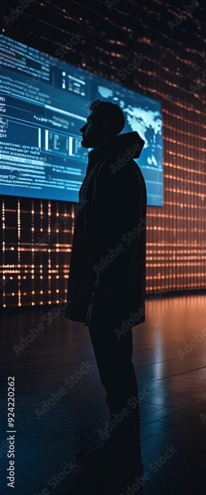 Poster a silhouette of a person standing in front of a giant digital screen with a flow of data showing var