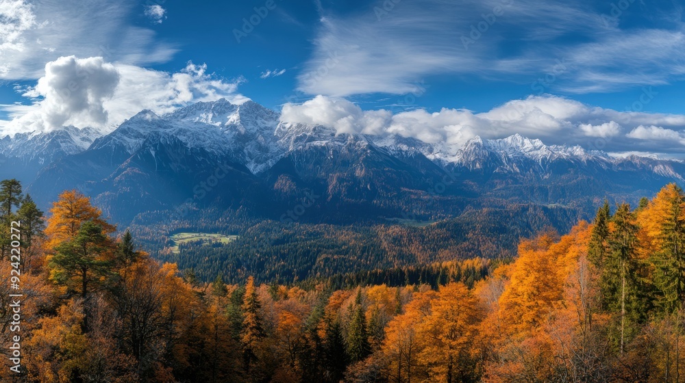Aufkleber a view of a mountain range with trees in the foreground, ai