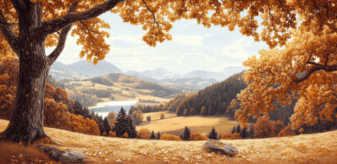 Fototapeta premium A painting of a landscape with trees and mountains in the distance, AI