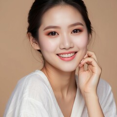 Fototapeta premium A Close-up Portrait of a Smiling Woman with Makeup