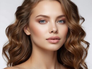 Fototapeta premium Portrait of a Woman with Long Brown Wavy Hair and Blue Eyes