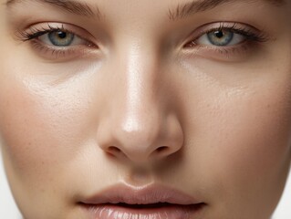Obraz premium Close-up of a Woman's Face with Blue Eyes and Glossy Lips