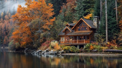 Fototapeta premium Tranquil wilderness setting cozy cabins for a serene autumn retreat escape in the peaceful outdoors
