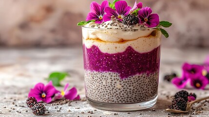   Close-up of a sweet treat in a glass, surrounded by vibrant lavender blossoms