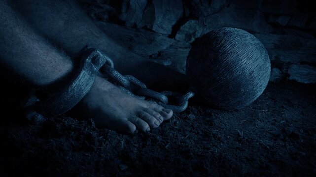 Prisoner Sits With Ball And Chain In The Dark