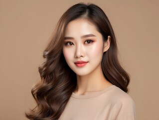 Fototapeta premium Portrait of a Woman with Long, Wavy Brown Hair and Subtle Makeup