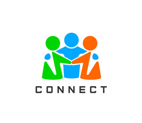 Community connect people together icon, teamwork or union vector emblem represents three abstract colorful human figures linked in a circle, conveying support, social services, networking, cooperation