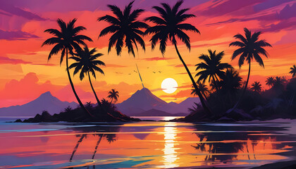 A tropical island with palm trees silhouetted against a large, vibrant sunset over the ocean 