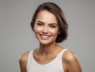 Portrait of a Smiling Woman with Brown Hair and a White Tank Top