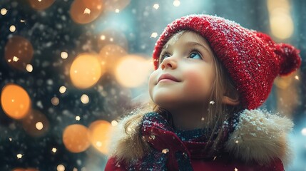 Fototapeta premium A young child gazes upward in wonder at falling snow, illuminated by the warm glow of Christmas lights, capturing the magic and joy of the holiday season.