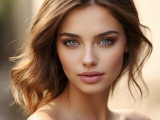 Fototapeta premium Close-up Portrait of a Woman with Long Wavy Blonde Hair and Blue Eyes