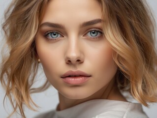 Fototapeta premium Close-up Portrait of a Young Woman with Blonde Hair and Blue Eyes