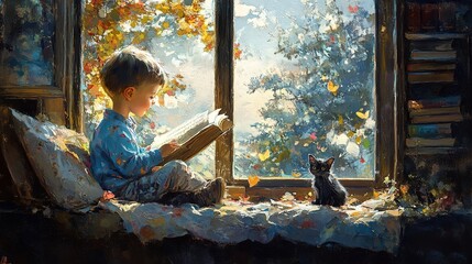 A young boy finds solace and adventure as he reads a book by the window. Sunlight streams through the window, illuminating the magical world within the book's pages.