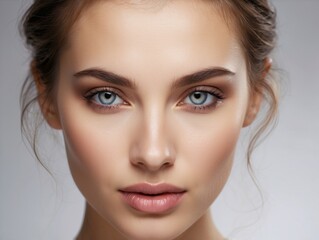 Fototapeta premium Close-up Portrait of a Woman with Blue Eyes and Soft Makeup